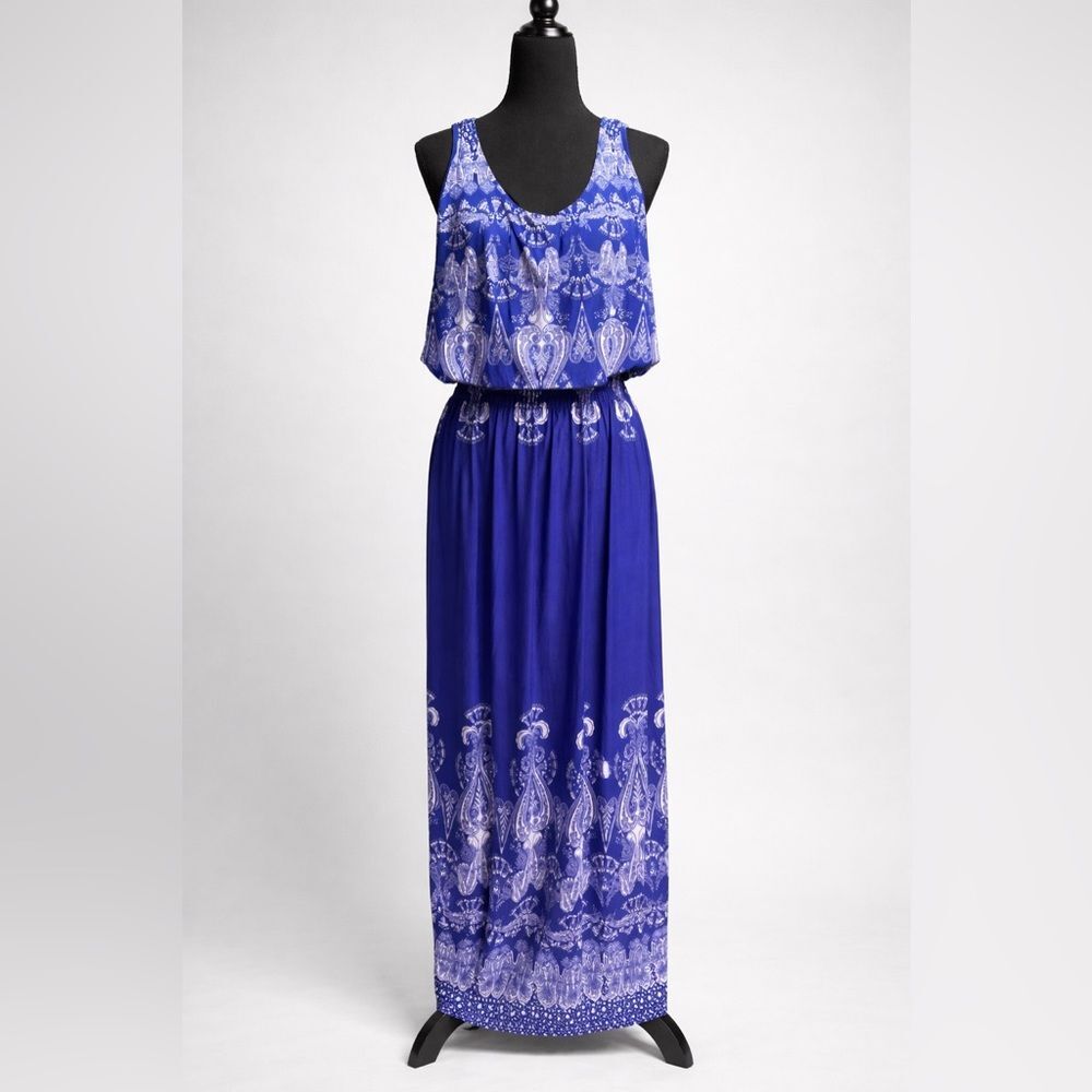 Blue Paisley Maxi Dress Sleeveless Smocked Waist Lined Boho Size L